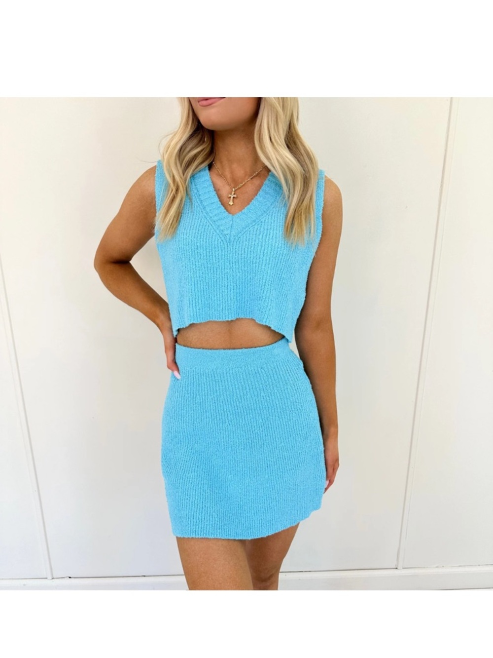 Blue Knit Mini Skirt Set  - Women